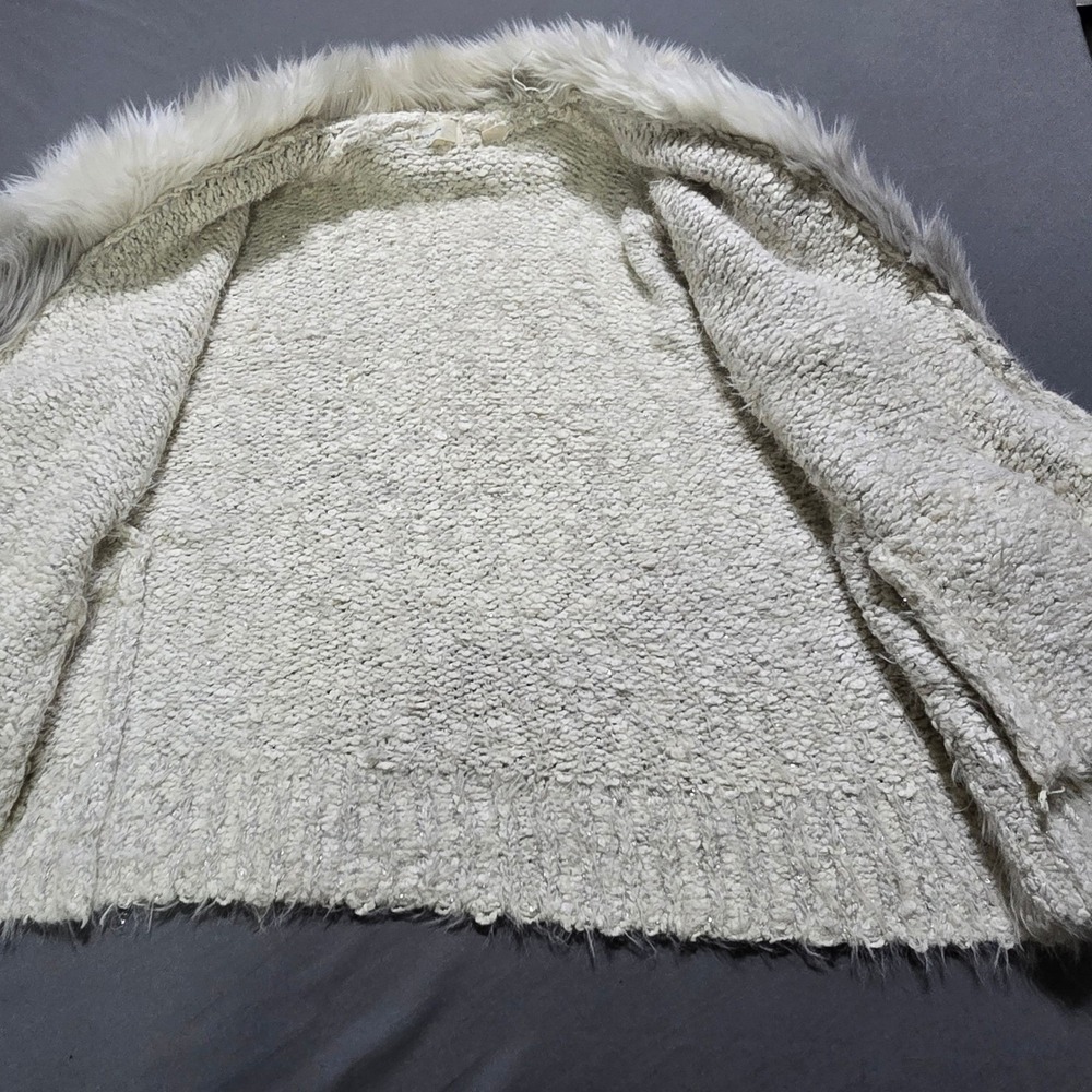 Sleeping on Snow Cardigan XS Ivory Faux Fur Collar Metallic Knit Open Front - Picture 5 of 6